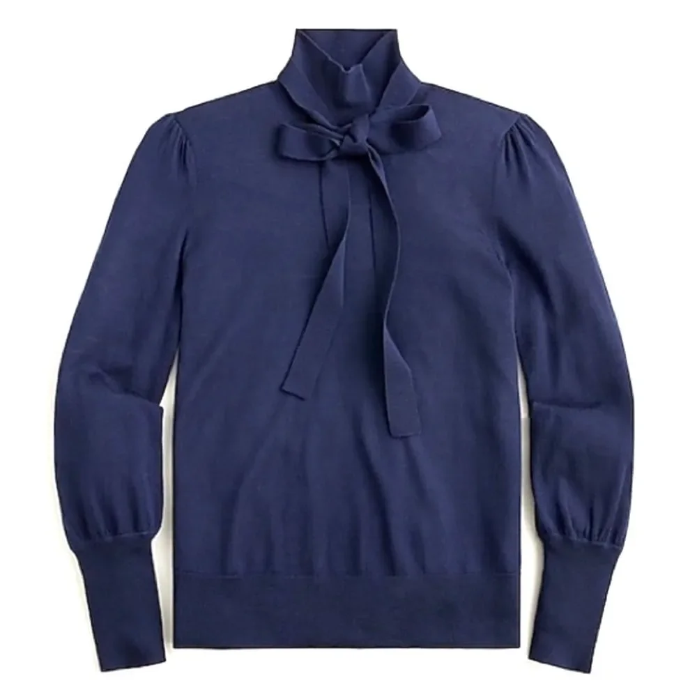 J. Crew Sweater Merino Wool Tie Neck Turtleneck in Navy Blue Women’s Size XXS